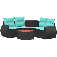 vidaXL Ensemble de salon de jardin 6 pièces, noir et bleu, en résine tressée et en acier