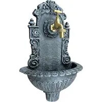 Relaxdays , fontaine murale vintage, avec robinet, style nostalgique, pour jardin, en aluminium moulé, dimensions (H x L x P) : 40 x 24,5 x 13 cm, couleur grise
