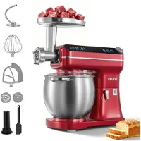 Vevor Robot de cuisine multifonction , 7 litres, 2 en 1, 1000 W, rouge. Robot pâtissier pour pâte, crème, génoise et viande. Comprend un bol, un crochet pétrisseur, un fouet et un batteur