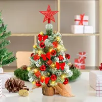 Jayseuw Mini-sapin de Noël 40cm avec 30 LED blanc chaud, 8 modes d'éclairage, avec décoration rouge, avec pointe d'arbre en forme d'étoile, fonctionne sur piles, pour Noël, rouge