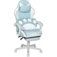Puluomis Chaise de jeu avec repose-pieds, chaise de bureau chaise de bureau chaise de course ergonomique pivotante réglable en hauteur chat blanc bleu