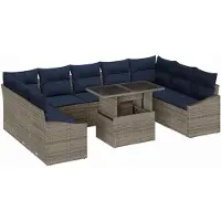 vidaXL Ensemble de salon de jardin, 10 pièces, 9 places, noir et bleu, en résine tressée