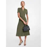 Michael Kors pour femme. MT5834F33D Robe midi style polo en maille côtelée élastique verte (M), Casuel, Viscose, Manche courte
