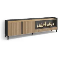 Skraut Home PULLER Meuble TV, Banc Télé, 212x35x61 cm, Pour les TV jusqu'à 80", Cheminée électrique XXL, Design industriel, Chêne et noir