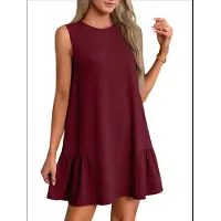 Jojomino Robe sans manches à col rond, couleur unie, rouge bordeaux, taille M