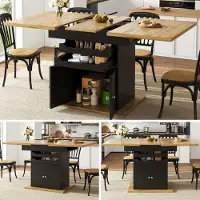 Great han Table de cuisine extensible 110-140x80cm avec étagère à vin & porte en verre, noir/imitation bois, table télescopique pour 4-6 personnes avec Soft-Close