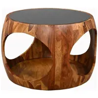 Meublorama Table basse ronde NERA 60 cm en bois de Sheesham massif et verre fumé avec niche ouverte