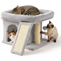 Relaxdays Arbre à gratter , avec cachette, panneau à gratter et surface de repos, cachette pour chat rembourrée, dimensions (H x L x P) : 38,5 x 54 x 45 cm, sisal, gris clair