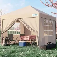 Quictent Pavillon de jardin 3x3 mètres, imperméable, avec parois latérales, protection UV 50+, structure en acier, couleur beige