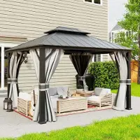 Sonstiges Pavillon de jardin, dimensions 3 x 3,65 mètres. Imperméable, stable, toit rigide double, aluminium gris, avec moustiquaire et rideaux