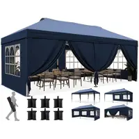 Quictent Pavillon pliable 3x6 mètres avec 6 panneaux latéraux, couleur bleue, protection UV 50+, structure en acier