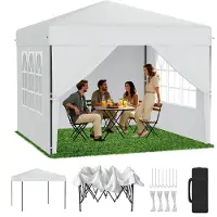 LZQ Pavillon pop-up de 3x3 mètres avec système de levage à une touche, pavillon pliable avec 4 panneaux latéraux, réglage de la hauteur de 240 à 260 cm, couleur blanche