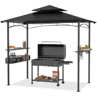 LZQ Pavillon de barbecue avec toit à double couche, dimensions 245 x 153 x 250 cm. Résistant à l'eau, ignifuge, de couleur noire. Inclut un panier de rangement