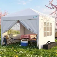 Quictent Pavillon de jardin 3x3 mètres, imperméable, avec parois latérales, protection UV 50+, structure en acier, couleur blanche