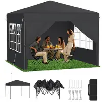 LZQ Pavillon de jardin 3x3 mètres, couleur anthracite, avec 4 parois latérales. Système de levage à une touche. Réglage de la hauteur : 240-260 cm