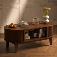UnboxG Table basse ovale de 100 cm, imitation bois de noyer – Table d'appoint avec 2 compartiments de rangement discrets, charnières à fermeture douce, étagère ouverte et design moderne à rainures