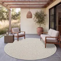 Paco Home Tapis d'extérieur, résistant aux intempéries, pour balcon ou salon, style bohème, motif géométrique, en sisal, couleur unie, crème, diamètre 200 cm