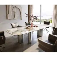 DELIFE Table à manger Edge Boot 300x120 cm Céramique Minas Melange Blanc-Beige Troa Acier inoxydable gebürstet