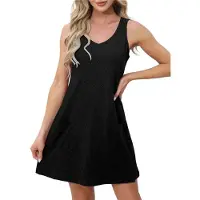 Semoic Robe sans manches à col en V et poches pour femme, noire