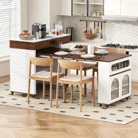 Flieks Table extensible avec prises électriques intégrées, verre texturé, table bar avec un tiroir, table de cuisine 50,5-187,5 x 110,5 x 95,5 cm, blanche et couleur noyer