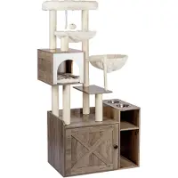 Relaxdays Arbre à gratter avec armoire pour litière et distributeur de nourriture, dimensions (H x L x P) : 144 x 71 x 45,5 cm, poteaux en sisal et bac, aspect bois, couleur marron clair