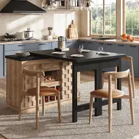 Flieks Table rotative à 360°, extensible, avec portes patchwork. Table à manger avec étagère à vin intégrée et tiroirs. Table de cuisine, en chêne clair