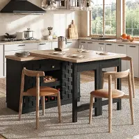 Flieks Table rotative à 360°, extensible, avec portes patchwork, table à manger avec étagère à vin intégrée et tiroirs, table de cuisine, noire