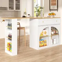 Flieks Table extensible pour bar, avec espace de rangement, plateau rotatif à 360°, dimensions 138-204x39x104 cm. Îlot de cuisine haut avec étagères et portes en verre, de couleur blanche