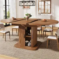 Flieks Table extensible pour repas avec espace de rangement, table de salle à manger avec portes coulissantes et étagère amovible, table de cuisine 110-150x110x75 cm, en noyer