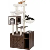 Relaxdays Arbre à gratter avec armoire pour litière et distributeur de nourriture, dimensions 144x71x45,5 cm, poteaux en sisal et panier de repos, aspect bois, couleur marron