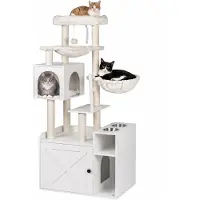 Relaxdays Arbre à gratter avec armoire pour litière et distributeur de nourriture, dimensions (H x L x P) : 144 x 71 x 45,5 cm, poteaux en sisal et panier de repos, aspect bois, blanc