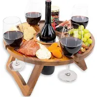 Famanu Table pliante pour pique-nique - Table d'extérieur portable pour 4 verres à vin et 1 bouteille - Plateau en bois pour le vin