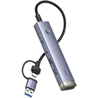 Baseus UltraJoy 4-en-1, adaptateur USB-A vers USB-C avec 4 ports USB 3.0 + 1 port USB-C, couleur gris