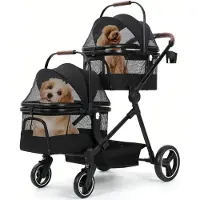 StarTech.com Poussette pour petits chiens et chatons - Poussette pour animaux de compagnie à deux niveaux - Pliable - 4 roues - Panier de rangement - Porte-gobelet - Fermeture à bouton-poussoir