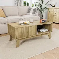 UnboxG Table basse en bois avec porte coulissante et compartiment de rangement ouvert, table basse moderne avec façade ondulée, table de salon de style rustique pour le salon
