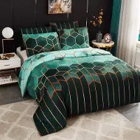 Famanu Parure de lit verte à rayures, 135 x 200 cm, 4 pièces, microfibre