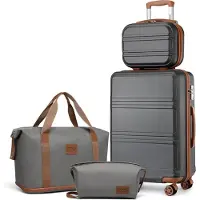 Kono Ensemble de valises de voyage 4 pièces comprenant : une valise cabine de 55 cm, une trousse de toilette, une sacoche de voyage et une pochette, couleur gris/marron, coque en ABS rigide, serrure TSA