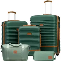 Coolife Ensemble de valises 5 pièces (S, M, L) + sac de voyage | Coque rigide en ABS, roues à 360°, serrure TSA | Vert foncé/Marron