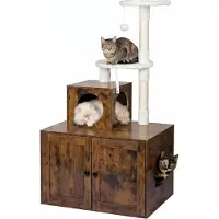 Relaxdays Arbre à gratter avec armoire pour litière, dimensions 133 x 78 x 49 cm, poteaux en sisal et zone de repos, aspect bois, tour pour chats, couleur marron foncé
