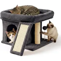 Relaxdays Arbre à chat , avec cachette, griffoir et surface de repos, cachette pour chat rembourrée, dimensions (H x L x P) : 38,5 x 54 x 45 cm, sisal, gris foncé