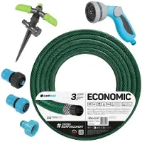 Cellfast Tuyau d'arrosage économique, 3/4", 50 mètres, avec raccord rapide en laiton et passage 3/4", raccord avec filetage intérieur 3/4", arroseur pivotant et pulvérisateur