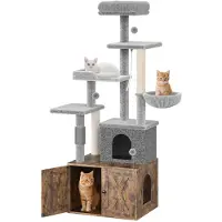 StarTech.com Katzenbaum intérieur - Tour 3 en 1 : griffoir, cache-litière, maison pour chat. Griffoirs avec hamac. Style rustique, couleur marron
