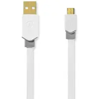 Nedis Câble USB - USB 2.0 - USB-A mâle - USB Micro-B mâle - 480 Mbps - plaqué or - 1.00 m - plat - PVC - blanc - emballage avec fenêtre transparente