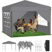 LZQ Pavillon pop-up de 3x3 mètres, avec système de levage à une touche, réglage de la hauteur sur 3 positions (240-260 cm), couleur gris argent, avec 4 panneaux latéraux