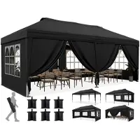 Quictent Pavillon pliable 3x6 mètres avec 6 panneaux latéraux, couleur noire, protection UV 50+, structure en acier