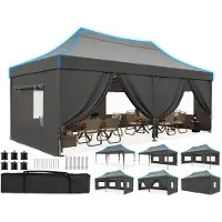 Quictent Pavillon de jardin 3x6 mètres, imperméable, avec parois latérales, protection UV 50+, structure en acier, couleur grise