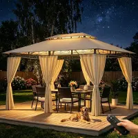 Hawthyhome Pavillon de jardin 3x4 mètres, imperméable, stable, avec double toit et parois latérales, protection UV 50+, structure en métal beige avec éclairage LED