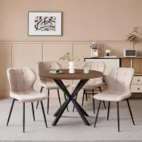 Sonstiges Ensemble table et 4 chaises, table ronde de 100 cm de diamètre, finition bois foncé, assises en lin kaki, pieds en métal
