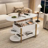 UnboxG Table basse réglable en hauteur avec rangement, table ovale pour salon avec 2 plateaux, table relevable à ressort à gaz, blanche et dorée. Table moderne pour salon ou bureau