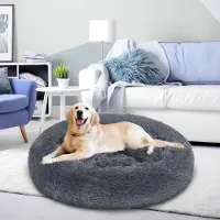 Vigevee Lit pour chien rond , diamètre 100 cm, couleur gris foncé, coussin moelleux en coton PP, lavable et antidérapant